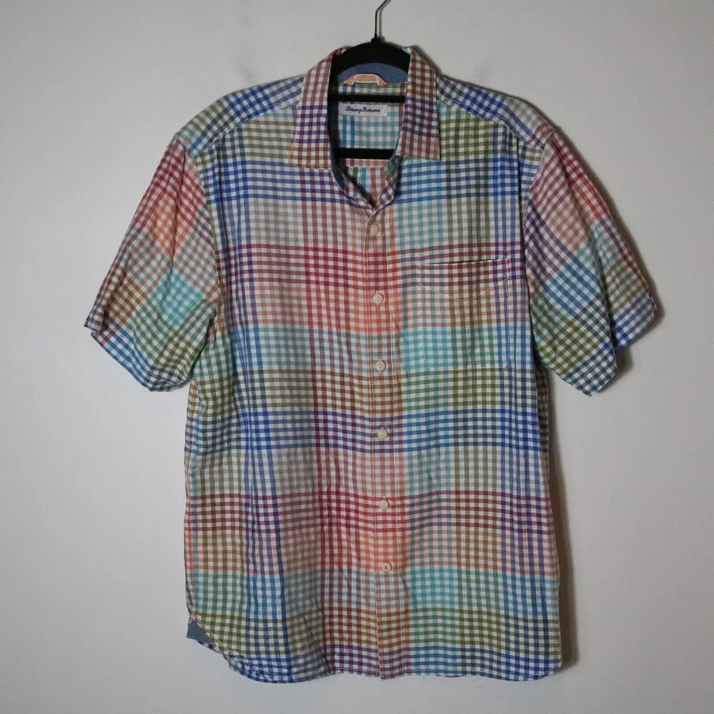 Tommy Bahama Gingham Short Sleeve Button Down Shirt Medium‎ Colorful Lyocell